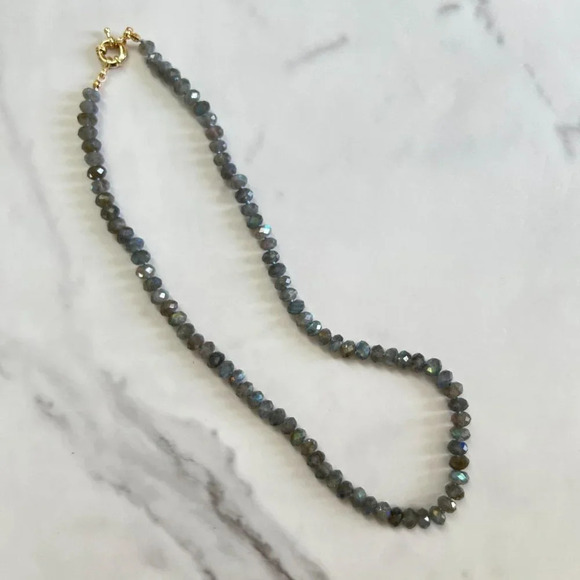 Genuine Labradorite Gemstone Bead Silk Knot Necklace Gold Filled Clasp - Picture 3 of 7